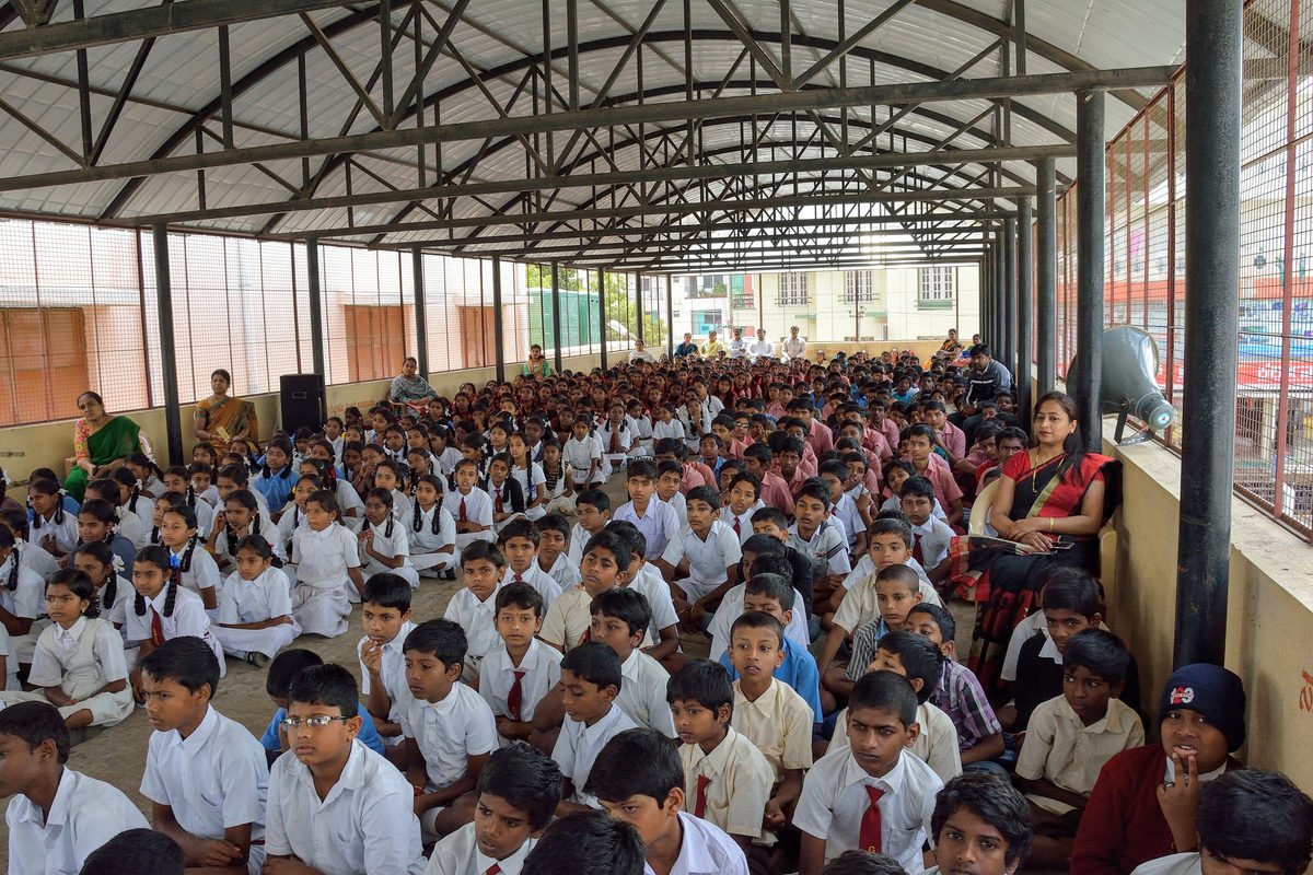 School assembly in a covered hall